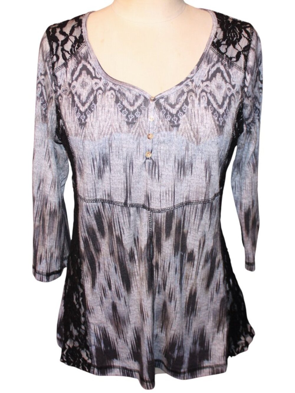 ONE WORLD Vintage Y2K Fairy Lace Floral Babydoll Top Henley Buttons M Whimsigoth